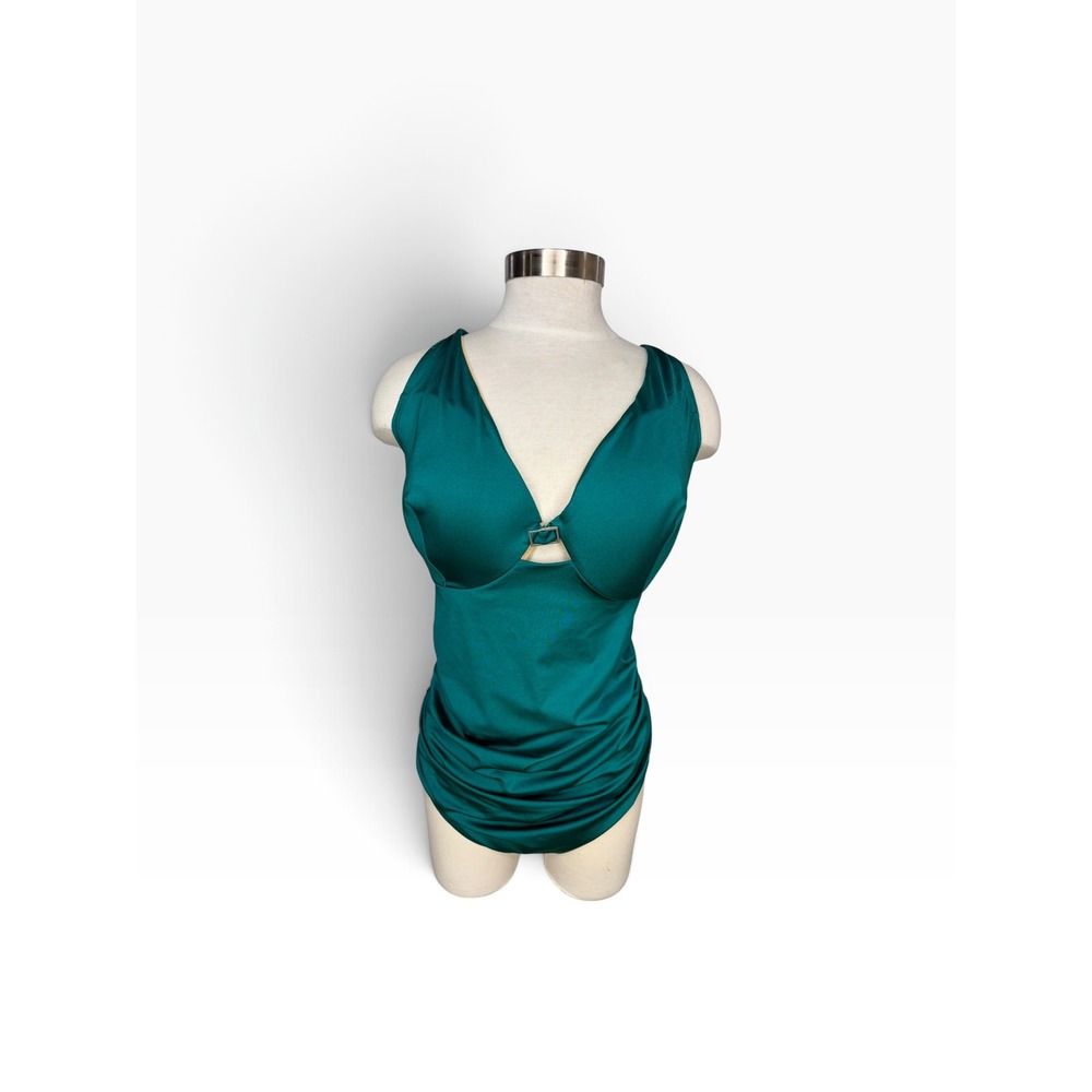 Lane Bryant Cacique Green Shimmer Underwire Plunge One Piece Swimsuit Ruched Bra